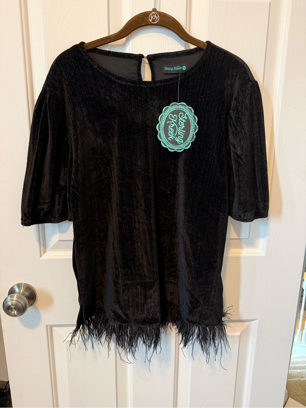 Black Velvet Like Feather-Hem Blouse by Sterling Creek NWT